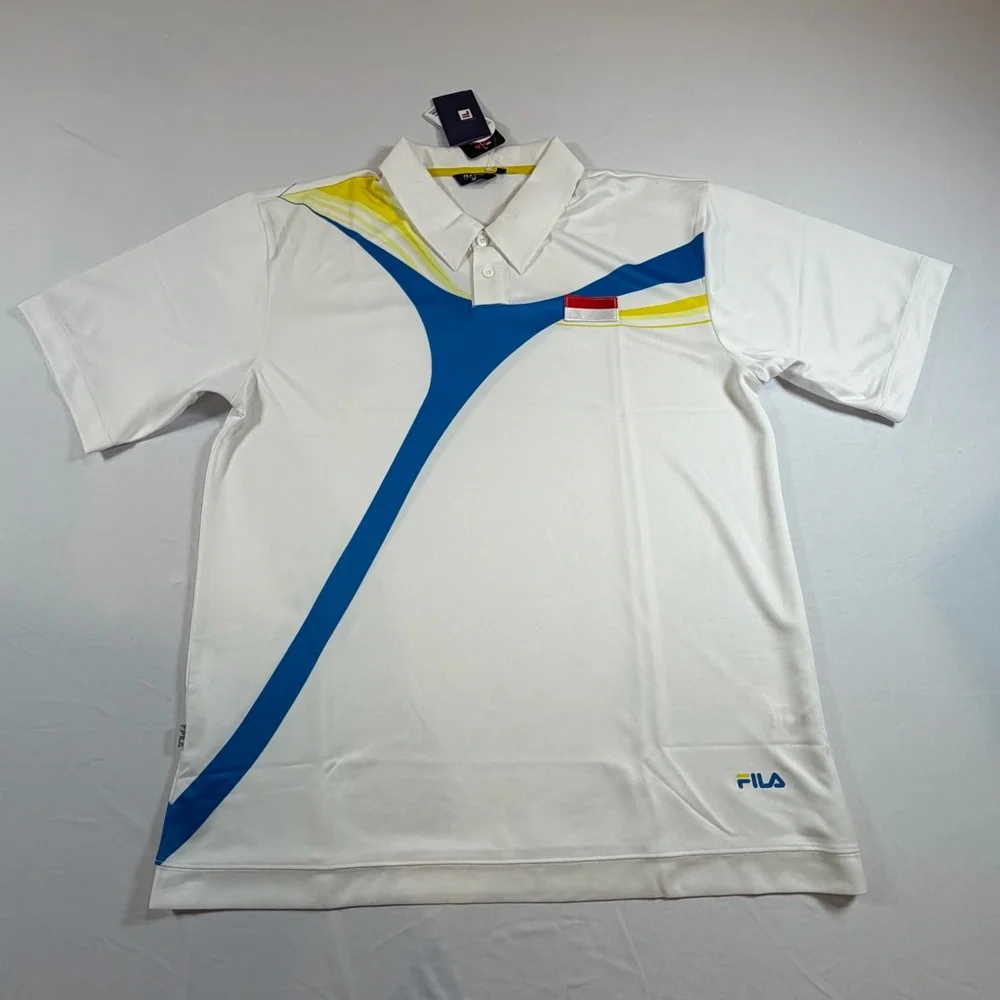FILA Men’s White Polo Shirt with Blue & Yellow Accent ( INDONESIA) XXL Quick Dry